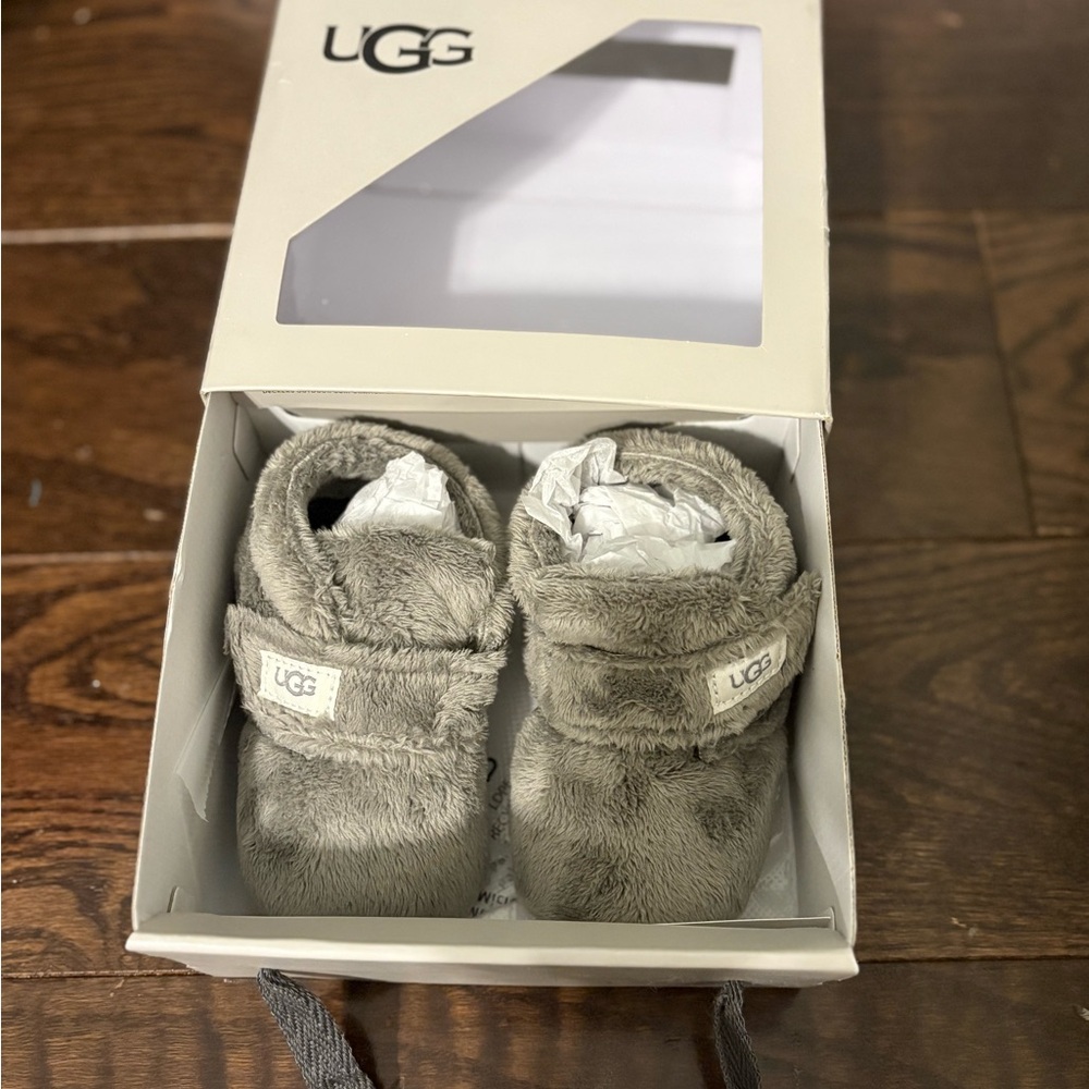 UGG baby Bixbee Gray Slippers with Plush Lining and Velcro Closure
